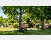 Ein Garten mit einer großen Rasenfläche, mehreren hohen Bäumen und einer Holzhütte im Hintergrund. Links ist ein weißer Pavillon sichtbar, und im Vordergrund steht eine Parkbank unter einem Kastanienbaum.