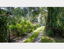 Ein schmaler, unbefestigter Weg führt durch eine grüne Gartenanlage mit kleinen Häuschen, umgeben von Zäunen und dichter Vegetation. Große Bäume spenden Schatten, und die Szene wirkt von Natur umgeben.