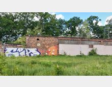 Backstein-Gebäude mit verfallener Fassade, teilweisem Graffiti und Glasbausteinfenstern in einer grünen Umgebung mit Wiese und Bäumen im Hintergrund.