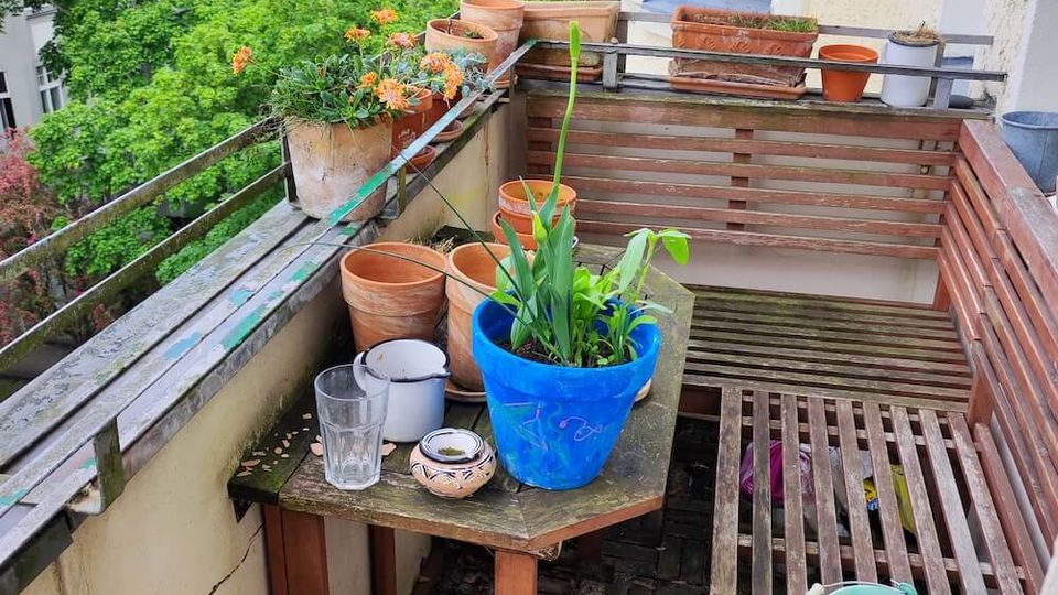 A small balcony with wooden flooring and railings, featuring potted plants, gardening tools, and a wooden bench. The setting overlooks a residential area with trees and pitched-roof houses in the background.