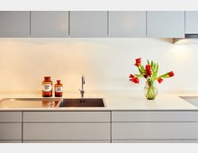 A modern kitchen with light gray cabinetry, a stainless steel sink, and a white countertop. The counter is decorated with two amber-colored jars and a glass vase containing red tulips.