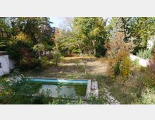 Ein überwucherter Garten mit einem rechteckigen, unbeaufsichtigten Schwimmbecken im Vordergrund, umgeben von hohen Bäumen, Sträuchern und einer teils freiliegenden roten Ziegelmauer. Die Szene wirkt vernachlässigt mit trockenem Gras und vereinzeltem Laub.