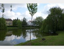 Ein kleiner Teich mit klarer Wasseroberfläche, auf der umstehende Bäume und Häuser reflektiert werden. Im Hintergrund befinden sich zwei Häuser, eines mit einer gelben Fassade und eines in Weiß, umgeben von Rasenflächen und hängenden Weiden.
