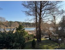 Blick auf einen See in einer natürlichen Umgebung, umgeben von kahlen und immergrünen Bäumen sowie Büschen. Im Vordergrund befindet sich eine kleine Rasenfläche, während im Hintergrund der See von Schilf und einem Wald mit Nadel- und Laubbäumen umgeben ist.