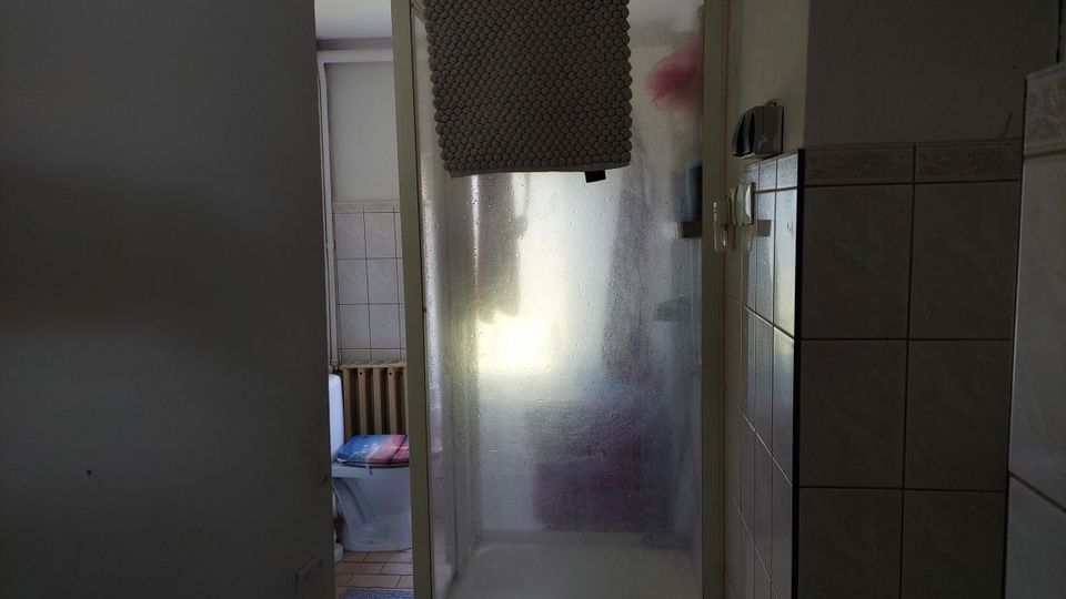 Schmaler Badezimmerflur mit gefliester Wand, der zu einer Dusche mit milchiger Glastür führt. Links ist ein WC-Bereich mit Heizkörper zu sehen, an der Duschwand hängt eine Badematte.