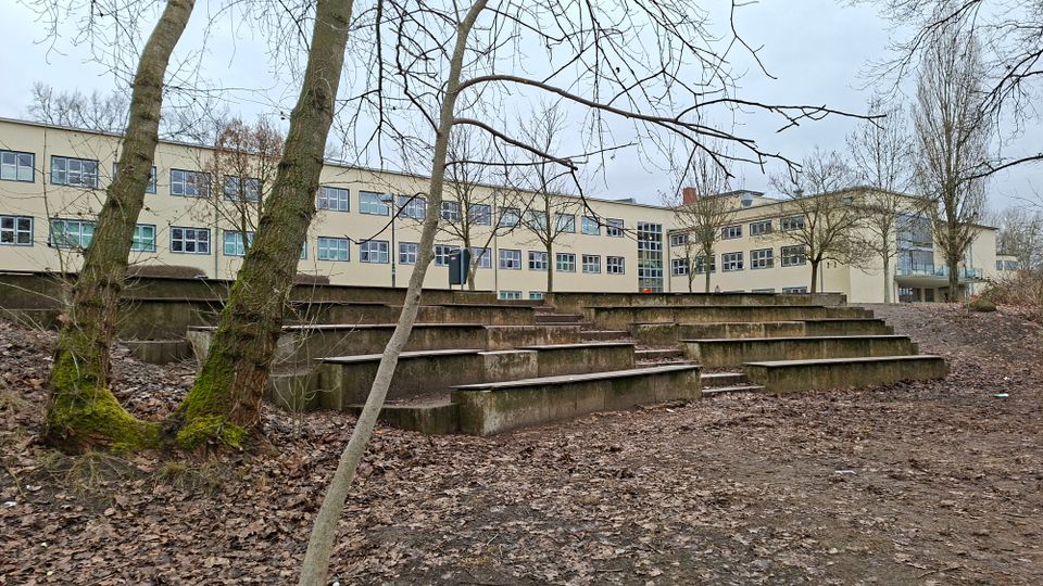 Blick auf ein modernes, mehrstöckiges Schul- oder Bürogebäude mit vielen rechteckigen Fenstern. Davor liegen terrassenförmig angelegte Betonstufen in einem kahlen, laubbedeckten Außenbereich mit mehreren Bäumen.