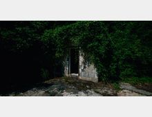 Eine alte, überwucherte Steinruine mit dichtem Grün, das die Wände und den Türrahmen bedeckt. Der Boden davor ist von unebenem Beton und vereinzelter Vegetation geprägt, umgeben von Schatten.