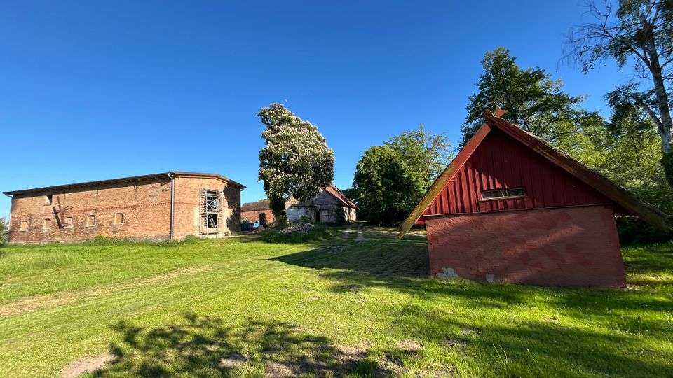 Ländlicher Hofbereich mit großer Rasenfläche und einem unbefestigten Weg zwischen mehreren Wirtschaftsgebäuden. Links steht ein langes Backsteingebäude, rechts ein kleines rotes Holzgebäude mit steilem Satteldach, umgeben von Bäumen unter blauem Himmel.