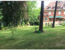 Großer Garten mit Rasenfläche, vereinzelten Bäumen und kleinen Pflanzen, im Hintergrund ein mehrstöckiges Wohngebäude mit rotem Dach und heller Fassade. Der Garten ist von Bäumen und Sträuchern umgeben, einige Gartenmöbel stehen verteilt auf der Wiese.