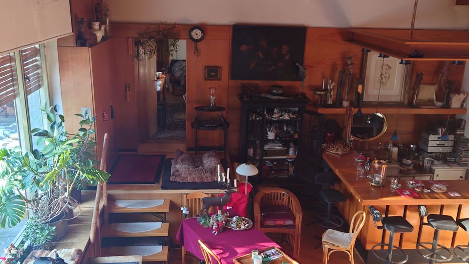 Innenraum eines Wohnraums mit hoher, gewölbter Holzdecke und großen Fenstern auf der linken Seite. Der Raum ist eingerichtet mit einem Essbereich, einer offenen Küche, mehreren Teppichen, Pflanzen und dekorativen Gegenständen auf Regalen und Tischen.