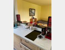 Eine kompakte Küche mit heller Holzarbeitsplatte, Induktionskochfeld, Kaffeemaschine und kleinen Haushaltsgeräten. Im Hintergrund ein gelb gestrichener Raum mit einem Bett, Regal und einem Landschaftsbild an der Wand.