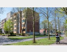 Mehrstöckiges Wohngebäude mit rötlicher Fassade und Balkonen, umgeben von Bäumen und einer Grünfläche. Im Vordergrund verläuft ein Radweg, auf dem eine Person mit Fahrrad zu sehen ist.