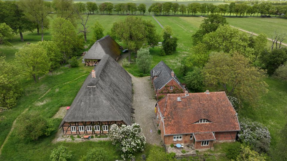 Luftaufnahme eines ländlichen Hofensembles mit reetgedeckten Fachwerkgebäuden und einem roten Ziegeldachhaus, umgeben von Bäumen, Wiesen und Feldwegen. Im Hintergrund erstrecken sich offene Felder bis zum Horizont unter bewölktem Himmel.
