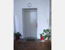 Ein moderner Aufzug mit grauen Türen in einem Innenbereich, umgeben von weiß gestrichenen Wänden. Links und rechts des Aufzugs stehen Pflanzen in roten Töpfen auf einem Holzboden.