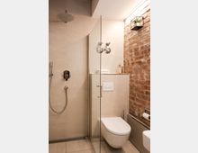 Modernes Badezimmer mit einer begehbaren Dusche mit Glasabtrennung, einer wandmontierten Toilette und beigen Fliesen. Eine Wand aus freiliegendem Ziegelstein mit einer kleinen hängenden Pflanze ergänzt das Design.