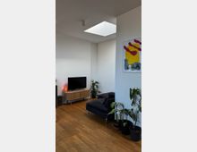 Wohnzimmer mit Holzboden, moderner Einrichtung und minimalistischem Design. Im Raum befinden sich ein dunkles Sofa, ein hölzernes TV-Möbel mit Flachbildfernseher, Zimmerpflanzen und ein Wandbild; von oben fällt Licht durch ein Dachfenster ein.