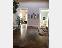 Ein Wohnzimmer mit Parkettboden in Fischgrätmuster, flankiert von zwei offenen Durchgängen, die zu weiteren Räumen führen. Im Vordergrund liegt ein Teppich, auf dem zwei kleine Hunde stehen, während an der Wand zwischen den Durchgängen Spiegel mit dekorativen Rahmen hängen.