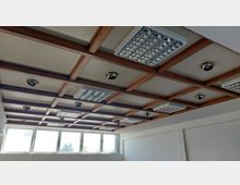 Decke eines Büros mit Holzbalken, integrierten Deckenleuchten und Rasterlampen, darunter große Fenster mit Blick ins Freie. Die Wände sind schlicht weiß gehalten.