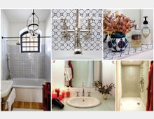 Collage aus Badezimmerdetails: Oben links ein Bad mit freistehender Badewanne vor einer Wand aus blau-weiß gemusterten Fliesen und einem bogenförmigen Fenster. Oben Mitte ein verchromter Wasserhahn mit nah erkennbaren Fliesenmustern. Oben rechts eine Ablage mit einem bunten Keramikvasen-Arrangement und Kosmetikartikeln. Unten links ein modernes Waschbecken mit Spiegel, Blumen und roten Kerzen. Unten rechts eine Dusche mit cremefarbenen Fliesen und einer roten Bademantel-Aufhängung.