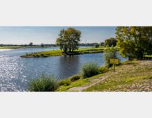 Flusslandschaft mit einer kleinen Bauminsel in der Mitte eines Flussarms, umgeben von grünem Grasland. Im Vordergrund ist ein mit Pflastersteinen befestigtes Ufer und ein Schild mit der Aufschrift "Landschaftsschutzgebiet".