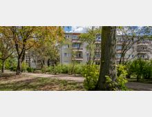 Wohngebäude mit vier Etagen im Hintergrund, umgeben von Bäumen, Sträuchern und einem gepflegten Weg in einer parkähnlichen Anlage. Der Vordergrund zeigt einen großen Baumstamm und grüne Vegetation.