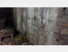 Ein feuchter Kellerraum mit einer unverputzten Ziegelwand, die deutliche Spuren von Wasserablagerungen zeigt. Auf dem Boden befinden sich Schutt und Holzreste, die auf eine unsaubere und verfallene Umgebung hinweisen.