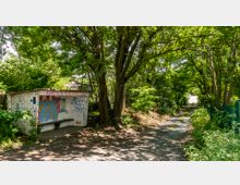 Ein schmaler Weg führt durch ein von Bäumen umgebenes, grünes Gebiet. Links steht ein überdachter Unterstand mit Graffiti und einer Sitzbank, rechts ist ein Zaun sichtbar.