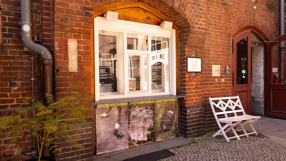 Eingangsnische eines Backsteingebäudes mit großem, weiß gerahmtem Kassenfenster unter einem Rundbogen und einem angrenzenden braunen Türportal. Vor der Fassade stehen ein weißer Klapptisch mit zwei Stühlen auf Kopfsteinpflaster, daneben ein Topf mit kleinem Baum sowie sichtbare Fallrohre und Hinweisschilder an der Wand.