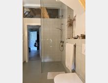 Modernes Badezimmer mit hellen, quadratischen Fliesen an den Wänden und grauem Fliesenboden. Eine bodengleiche Dusche mit Glaswand, ein Handtuchhalter mit weißem Handtuch sowie eine WC-Schüssel sind sichtbar; im Hintergrund ist ein offenes Zimmer mit Holzbalken zu erkennen.