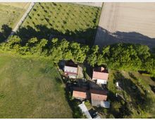 Luftaufnahme eines ländlichen Anwesens mit mehreren Gebäuden mit roten Ziegeldächern, umgeben von Bäumen, Wiesen und Feldern. Im oberen Bildbereich sind eine Obstplantage und gepflügte Ackerflächen sichtbar.