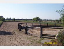 Offenes Reitgelände mit einem eingezäunten, sandigen Platz. Im Hintergrund sind Wiesen, einzelne Bäume und eine Baumreihe am Horizont zu sehen.