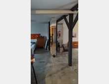 Ein offener Wohnraum mit einer Betonebene, Sichtbalken und verschiedenen Möbeln, darunter ein Bett, eine Kommode, ein Sofa und ein kleiner Beistelltisch mit einer Pflanze. Im Hintergrund befinden sich bodenlange Vorhänge und ein Spiegel, der den Raum teilt.