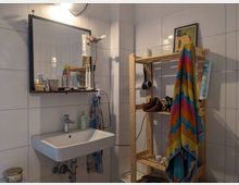 Badezimmer mit weißen Fliesen, einem rechteckigen Waschbecken, darüber ein Spiegel mit Regal, auf dem verschiedene Hygieneartikel stehen. Rechts ein Holzregal mit buntem Handtuch, einem Föhn und weiteren Alltagsgegenständen.