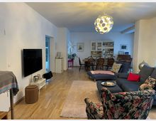 Offener Wohn- und Essbereich in einer Wohnung mit hellen Wänden und Holzboden, mit Sofaecke auf Teppich sowie einem an der Wand montierten Fernseher. Im Hintergrund steht ein großer Esstisch vor einem weißen Regal, darüber hängt eine runde Design-Deckenleuchte.