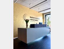 Rezeption einer modernen radiologischen Privatpraxis mit einer skulptural gestalteten Empfangstheke in Weiß, vor einer goldfarbenen Wand mit dem Praxisnamen. Große Fenster lassen Tageslicht in den Raum; eine Vase mit roten Tulpen steht auf der Theke.