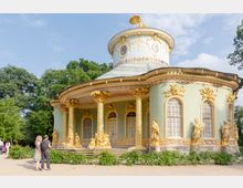 Rundpavillon in einer Gartenanlage mit grün-goldener Fassade, reich verzierten goldenen Säulen und Figuren, die rund um das Gebäude angeordnet sind. Im Vordergrund stehen zwei Personen, umgeben von Bäumen und einem Kiesweg.