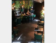 Eine stilvolle Bar mit geschwungener Theke, umgeben von grünen Barhockern. Die Einrichtung umfasst dunkle Wände, smaragdgrüne Möbel und Hängepflanzen an der Decke, kombiniert mit gedämpfter Beleuchtung und dekorativen Akzenten.