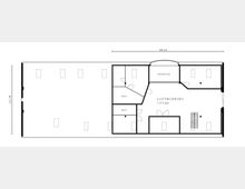Grundriss einer Loftwohnung mit einer Fläche von 180 Quadratmetern, bestehend aus einem großen offenen Wohnbereich, zwei Badezimmern, einer Terrasse und einem Treppenaufgang. Außenmaße sind 19,11 Meter Breite und 11,76 Meter Tiefe.