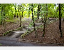 Steintreppe in einem Park, die sich kurvenförmig durch eine bewaldete Landschaft mit dichtem Baumbestand schlängelt; der Boden ist mit Herbstlaub bedeckt.