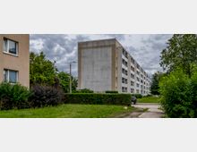 Eine Wohnsiedlung mit mehrstöckigen Plattenbaugebäuden, umgeben von Rasenflächen und Büschen. Die Gebäude haben Balkone und stehen in einer ruhigen Umgebung mit vereinzelten Bäumen und einem bewölkten Himmel.