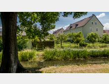 Ruhige ländliche Szene mit einem Baum im Vordergrund, einem kleinen Wassergraben, dichtem Schilf und einem Garten mit Obstbäumen. Im Hintergrund stehen mehrere zweigeschossige Wohnhäuser mit hellem Putz und Schrägdächern.