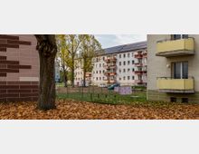 Wohnanlage mit drei- bis vierstöckigen Mehrfamilienhäusern, umgeben von Bäumen und Rasenflächen. Im Vordergrund liegt Herbstlaub, während im Hintergrund Wäsche auf einer Leine hängt und parkende Autos zu sehen sind.