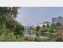 Ein Fluss mit bewachsenen Ufern, im Hintergrund eine Brücke und industrielle Strukturen sowie moderne Gebäude. Bäume und Sträucher rahmen die Szene ein, während ein bewölkter Himmel die Umgebung überdeckt.