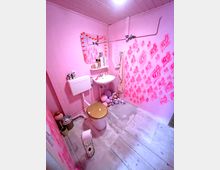 Ein kleines Badezimmer mit einer rosafarbenen Wandgestaltung, verziert mit flammenförmigen Mustern. Sichtbar sind eine Toilette mit goldenem Toilettensitz, ein Waschbecken unter einem Spiegel mit Lichterkette sowie bunte Kugeln auf dem Boden in der Ecke.