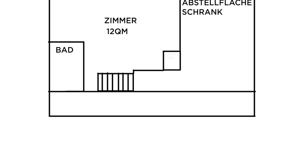 Schematischer Grundriss einer Wohnung: zentral ein Zimmer mit 12 qm, links ein Bad und unten ein Treppenbereich, rechts eine große Abstellfläche/Schrankzone. Unten sind Baujahr 1938 sowie Wohnfläche 58 qm und Veranda-Anbau 16 qm (1949/1969) vermerkt.