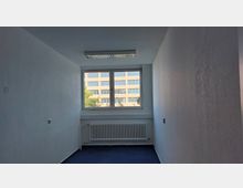 Schmales, unbelebtes Zimmer mit weißen Wänden, blauem Teppichboden und einem großen Fenster, das auf ein mehrstöckiges Bürogebäude mit orangefarbener Fassade blickt. Unter dem Fenster befindet sich ein weißer Heizkörper, und an der Decke ist eine rechteckige Leuchtstofflampe angebracht.