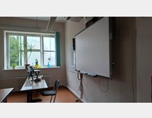 Klassenzimmer mit großem Fenster, mehreren Topfpflanzen auf der Fensterbank und einem Lehrerpult mit Laptop. An der Wand hängt ein großes interaktives Whiteboard mit Kabeln und darüber ein Deckenprojektor.