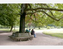 Ein grüner Park mit einem großen Baum, dessen ausladende Äste Schatten spenden. Um den Baum herum steht eine runde Holzbank, auf der zwei Personen sitzen; im Hintergrund sind Wiesen und weitere Bäume zu sehen.