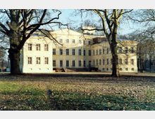 Historisches Schlossgebäude mit heller, klassizistischer Fassade und großen Fenstern, umgeben von einer Parklandschaft mit Rasenflächen und großen, kahlen Bäumen. Im Hintergrund sind weitere Bäume unter klarem Himmel sichtbar.