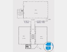 Grundriss eines Veranstaltungsgebäudes mit drei Hallen: Halle 1 (60 x 40 m) oben, sowie Halle 3 und Halle 4 (je 30 x 40 m) unten, verbunden durch ein zentrales Foyer. Technische Räume, Toiletten und Zugänge sind detailliert eingezeichnet, ein kleiner Übersichtsplan befindet sich rechts unten.